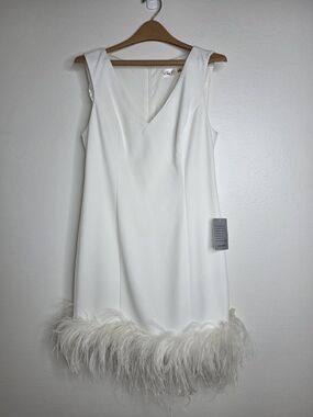 White Feather Hem V-Neck Shift Dress